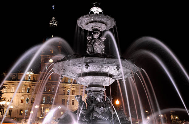 Fontaine de Tourny by night in Quebec City, Canada. stock photo