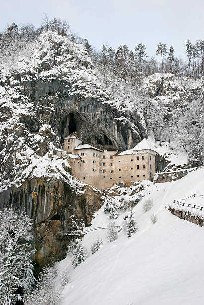 castillo predjama en el invierno. - castle slovenia winter snow fotografías e imágenes de stock