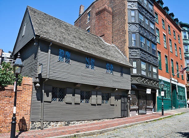 Paul Revere House Boston, Massachusetts, USA-August 12, 2013:Built around 1680, the Paul Revere House is the oldest house in downtown Boston.  Home to silversmith and patriot Paul Revere and his family from 1770-1800.  The home is now a museum on the Freedom Trail. north end boston photos stock pictures, royalty-free photos & images