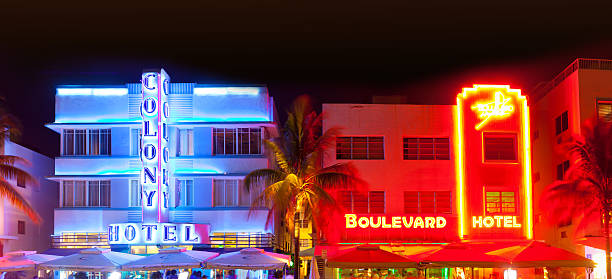 Miami Beach Florida Hotels And Restaurants At Night Stock Photo - Download  Image Now - iStock