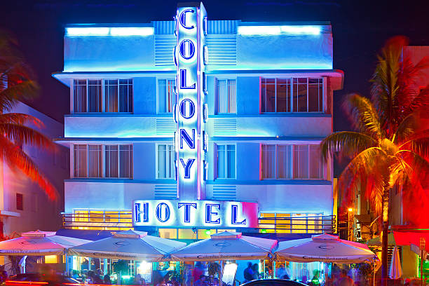 Miami Beach, Florida  hotels and restaurants at sunset stock photo