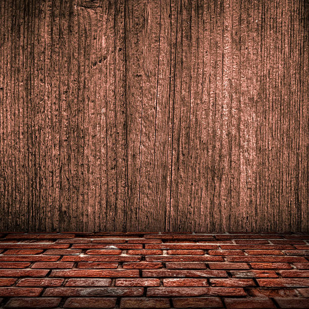 Wooden plate wall and brick floor interior background stock photo