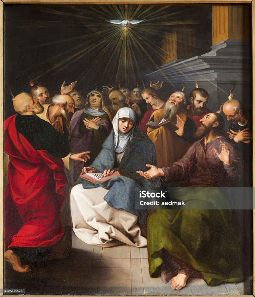 Antwerp - Paint of Pentecost scene from cathedral Antwerp - Paint of Pentecost scene from cathedral on September 5, 2013 in Antwerp, Belgium Pentecost - Religious Celebration stock illustration