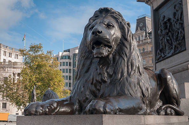 statue de lion de trafalgar square, londres - trafalgar square photos et images de collection