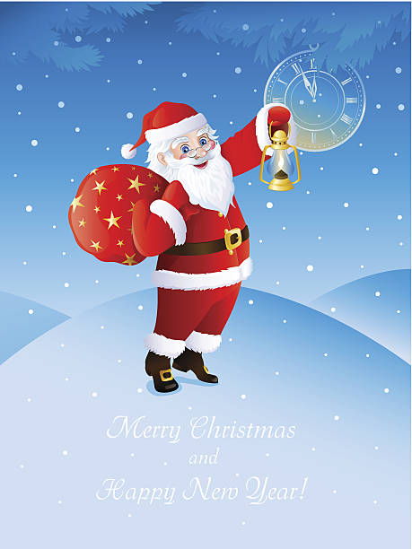 Santa Happy Santa Claus shows by his oil lamp lighting the time approaching midnight. санта клаус stock illustrations