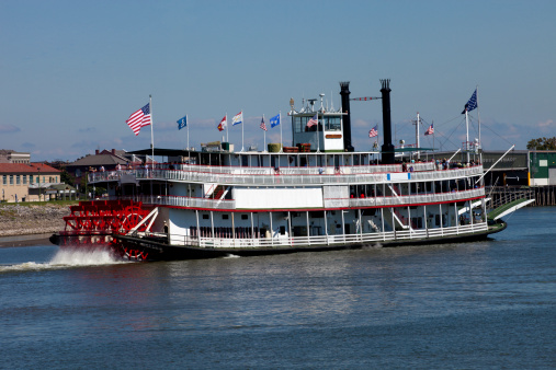 A paddlewheel riverboat on the Mississippi River in New Orleans, Louisiana.