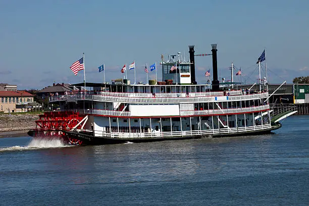 A paddlewheel riverboat on the Mississippi River in New Orleans, Louisiana.