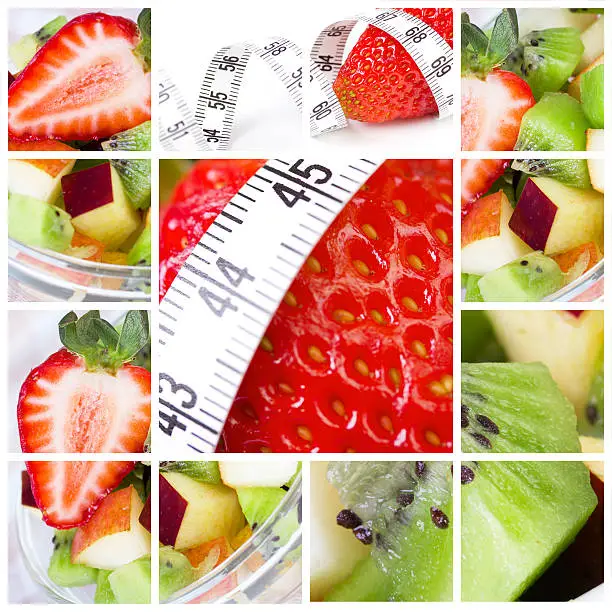 Vegatarian collage with fruit salat and measure tape