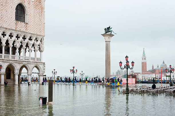 venedig, italien. acqua alta vor dem ducale palace - acqua alta stock-fotos und bilder