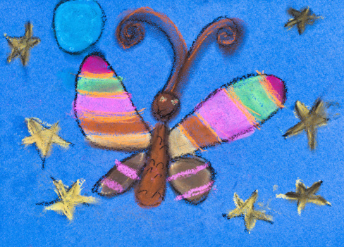 children drawing - night moth under blue star sky