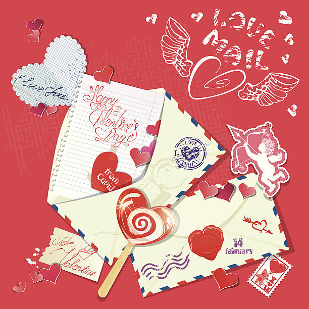 ilustraciones, imágenes clip art, dibujos animados e iconos de stock de navidad vintage postal con cartas, calligraphic texto feliz día de san valentín. - invitation postcard scrapbook day