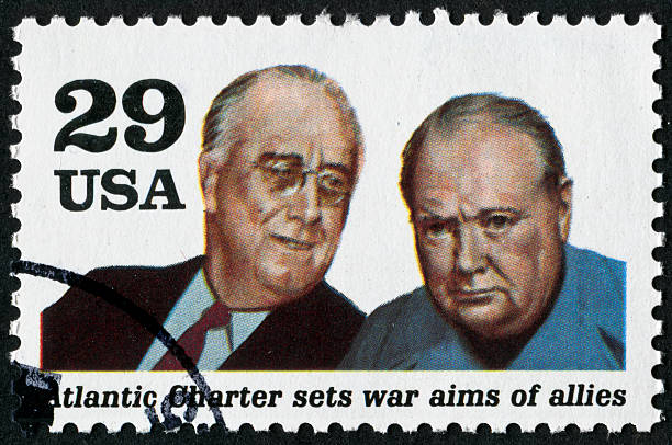 Atlantic Charter Stamp "Richmond, Virginia, USA - November 20th, 2012:  Cancelled Stamp From The United States Commemorating The Atlantic Charter And Featuring President Roosevelt And Prime Minister Churchill." winston churchill prime minister stock pictures, royalty-free photos & images