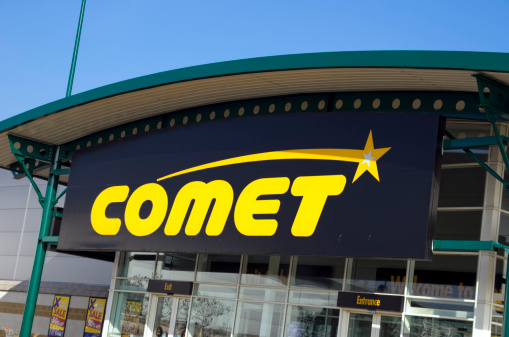 Ipswich, England - March 22, 2012: Sign on a Comet electrical chain store front in a retail park in Ipswich, Suffolk, England. They sell white goods, TVs, computers and other home-related electrical equipment and have over 200 stores in the UK. The company has changed hands a number of times and is currently owned by OpCapita LLP.