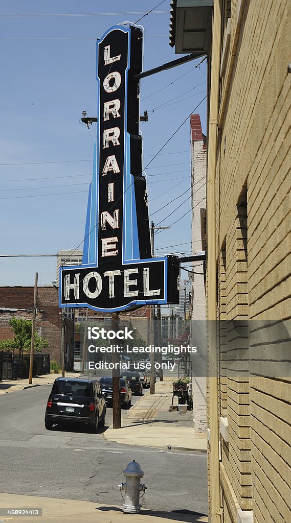 Lorraine Motel, Memphis "Memphis, United States - June 14, 2012: Advertising sign of the Lorraine Hotel or Motel, Mulberry Street, Memphis, location of the assassination of Martin Luther King, Jr. in 1968. The building is now part of the National Civil Rights Museum." Architectural Feature Stock Photo
