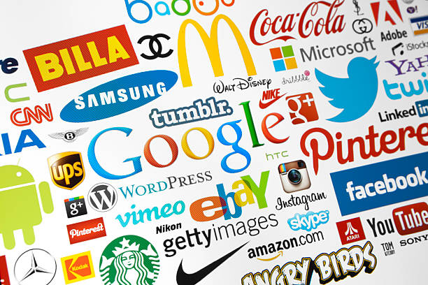 world brand logotypes - pinterest facebook twitter computer monitor foto e immagini stock