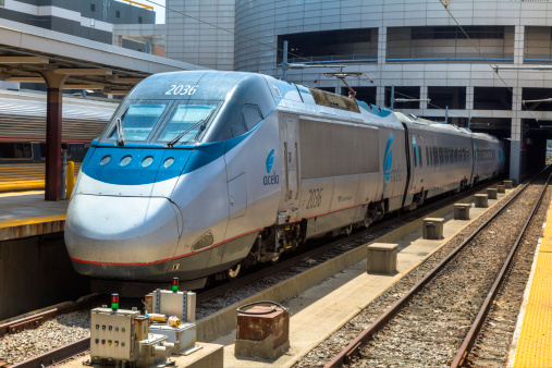 Boston, Massachusetts, USA - August 7, 2012: Amtrack Acela Train at the South Station train station.