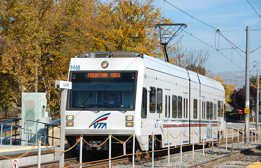 Mountain view, USA - October 25, 2009: A VTA Train goes to city Mountain View in silicon valley. The Santa Clara Valley Transportation Authority (VTA) is responsible for public transit services.