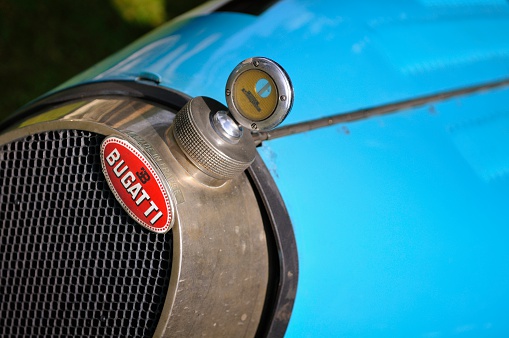 Apeldoorn, The Netherlands - June 23, 2012: Grille and badge on a 1920s Bugatti Type 37 sports car.