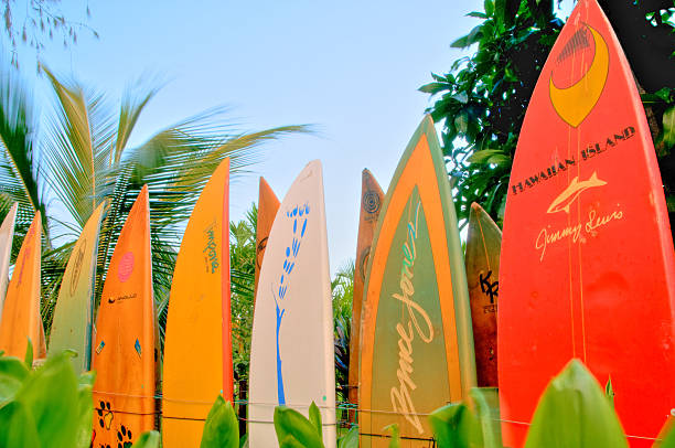 clôture éclairé par maui planche de surf au lever du soleil - hawaii islands hdr sign red photos et images de collection