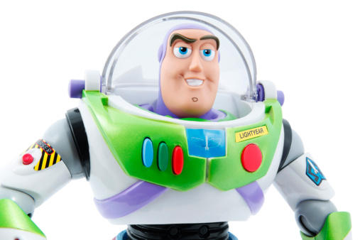Cantley, Canada - September 21, 2012: You can see Talking Buzz Lightyear Space Ranger toy. This character is from Pixar Disney movies: Toy Story, Toy Story 2 and Toy Story 3. All is on a white background.