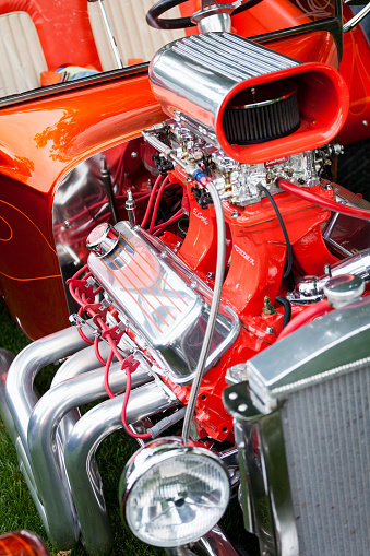 Bedford, Nova Scotia, Canada - July 19, 2011: Edelbrock custom engine on a custom hot rod.  Engine is an exposed design with no cover fitted.  The 