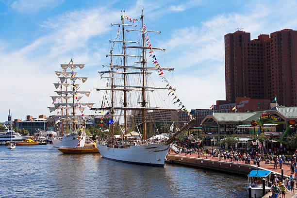 Baltimore, MD, USA - March 8, 2025:  Afternoon winter photo of the Baltimore Inner Harbor on a sunny cold winter afternoon.