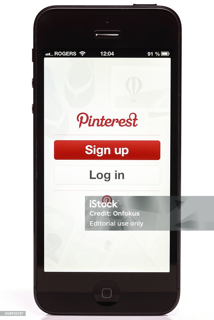 Apple iPhone 5 Pinterest pantalla de inicio de sesión aislado sobre fondo blanco - Foto de stock de Pinterest libre de derechos