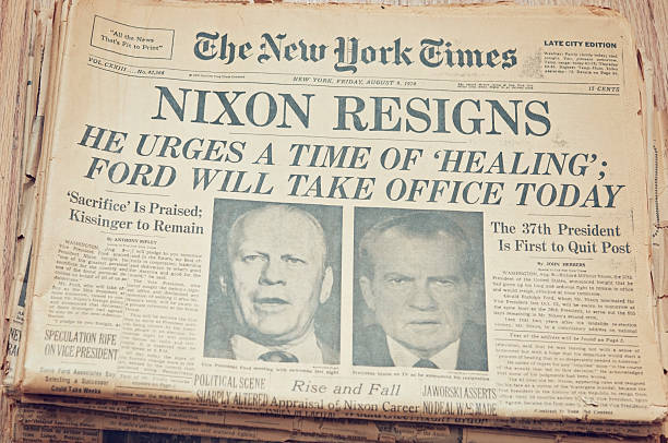 Newspaper front page showing resignation of Nixon stock photo