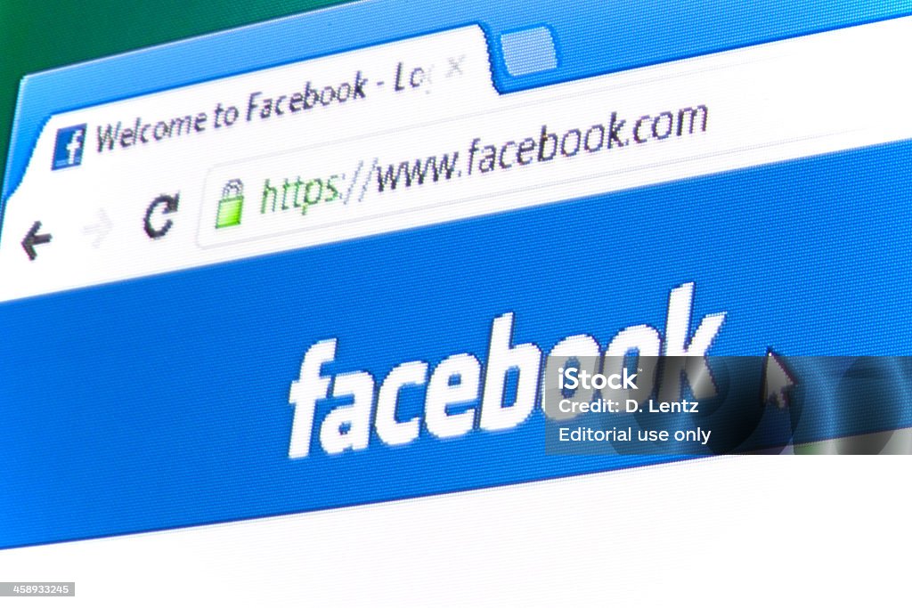 Facebook Logo "Nashville, Tennessee, USA - March, 1st 2012: A close up photograph of the iconic blue and white Facebook logo with mouse pointer, URL, and information tab visible as it appears on the front page of the Facebook website, viewed on a computer monitor in Google's Chrome browser." Logo Stock Photo