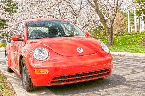 Prague, Czech Republic - September 24, 2017: Front View Of Red Volkswagen New Beetle Cabriolet Car Parked In Street.