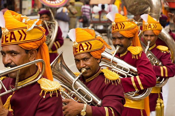 Brass band playing at Indian street festival stock photo