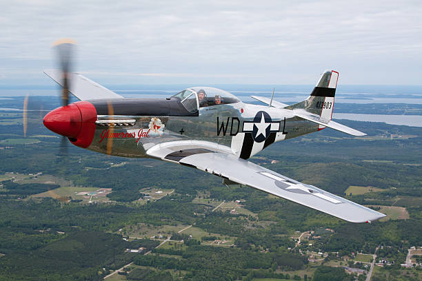 P-51D Mustang "Traverse City, Michigan, USA - July 6, 2009: ""Glamorous Gal"", a P-51D Mustang flies over beautiful Northern Michigan just to the northwest of Traverse City." p51 mustang stock pictures, royalty-free photos & images