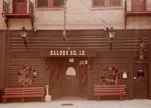 Deadwood, South Dakota, United States - March 9, 2012. The new Saloon No.10 on Main Street in Deadwood, South Dakota. The original Saloon No.10 was located across the street and was the bar in which Wild Bill Hickok lost his life to Jack McCall.