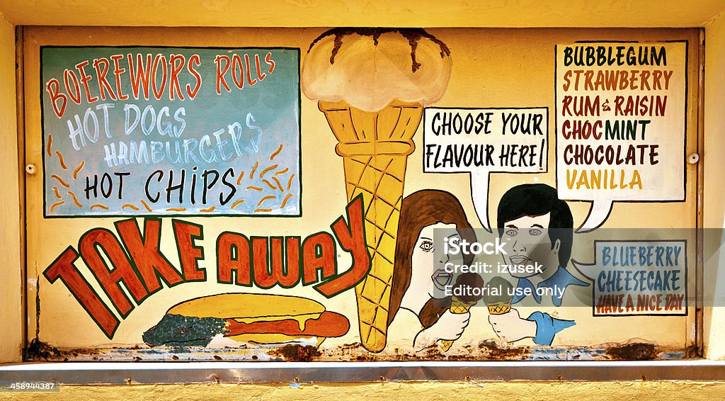 Take Away Restaurant Sign "Cape Town, South Africa - February 2, 2012: Take Away Restaurant Sign" Ice Cream Stock Photo