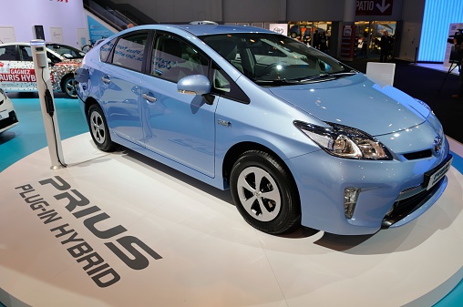 Brussels, Belgium - January 10, 2012: Blue Toyota Prius Plug in Hybrid on display during the 2012 Brussels motor show.