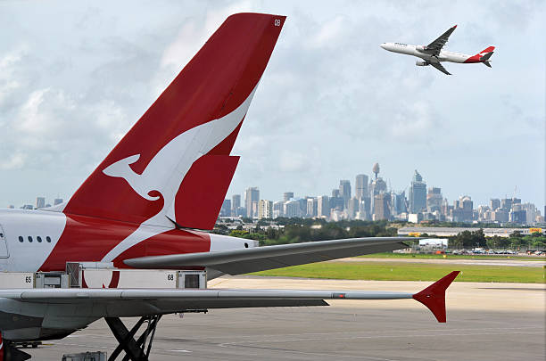 Quantas and Sydney Airport "Sydney, Australia - March, 14th 2012: Quantas aeroplanes and tail fin with the distant view of downtown Sydney - Sydney Airport" marsupial photos stock pictures, royalty-free photos & images