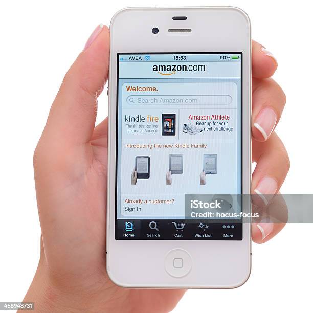 Amazoncom Na Iphone 4 - zdjęcia stockowe i więcej obrazów Aplikacja mobilna - Aplikacja mobilna, Apple Computers, Białe tło