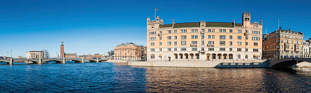 Stockholm Rosenbad Prime Minister's Office and Chancellery panorama Sweden "Stockholm, Sweden - 5th April 2012: Locals and tourists strolling across Strommen on Riksbron, the National Bridge, in the spring sunshine towards the historic Rosenbad building that is home to the Swedish Prime Minister's office and Chancellery. Composite panoramic image created from ten contemporaneous sequential photographs." strommen stock pictures, royalty-free photos & images