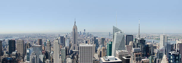 Aerial view Manhattan New York City Skyscrapers "New York City, USA - May, 12th 2012: Aerial panoramic view of Manhattan New York City with its amazing skyscrapers." new york city built structure building exterior aerial view stock pictures, royalty-free photos & images