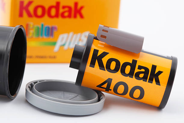 Cantley, Quebec, Canada - February 9, 2012: A roll of 35mm (400 ASA) Kodak camera film with a black film canister and the box. Kodak camera films are made by Eastman Kodak Company at Rochester, New York, United States.