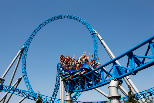 Las Vegas, USA - Aug 2018: XScream thrill ride at top of Stratosphere Tower in Las Vegas. It's a roller coaster-like ride that hangs off the side of tower and tilts passengers 30 feet over the edge