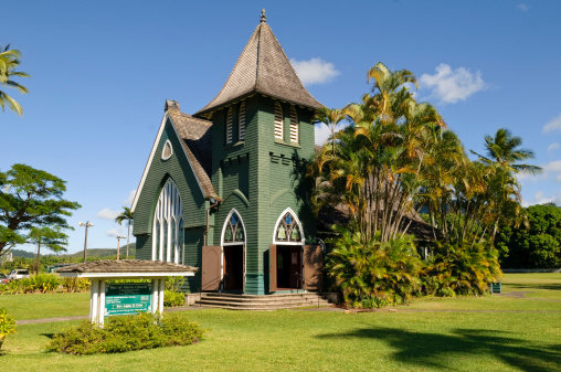 Hanalei, Hawaii, USA - September 10, 2011: In 1834 American missionaries established a mission in Hanalei, on the north coast of Kauai. The church on the site today was built in 1912 and is designed in the American Gothic architectural style. Until 1957 the church was a Congregational Church; today it is a United Church of Christ. It is a National Historic Landmark.