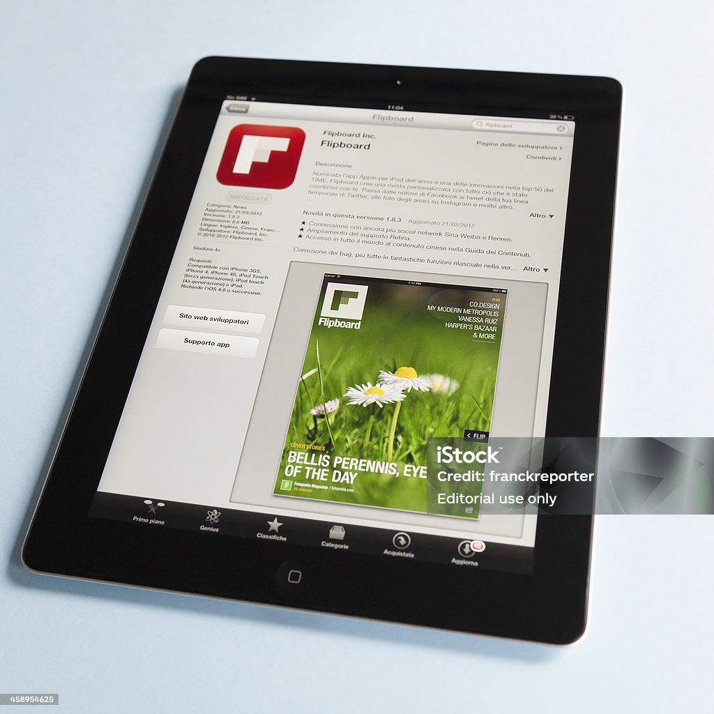 Macro do Flipboard aplicativos na loja da apple, ipad 3 - Foto de stock de Aplicação móvel royalty-free