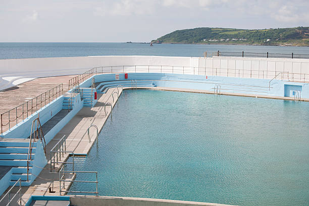 Penzance, United Kingdom - June 12, 2012: Sunny June Morning at the Penzance Outdoor Swimming Pool, the Jubilee pool, before opening