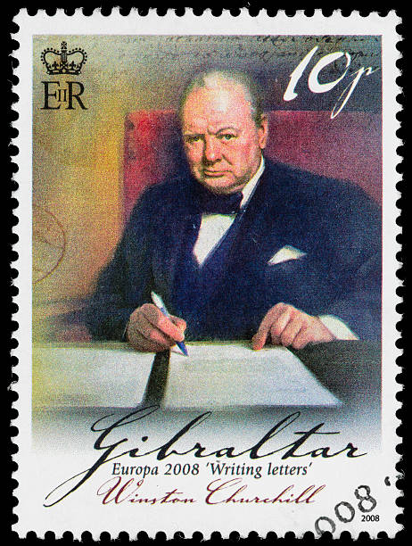Gibraltar Winston Churchill postage stamp "Sacramento, California, USA - July 6, 2012: A 2008 Gibraltar postage stamp with an illustration of Sir Winston Churchill (1874-1965), a UK Prime Minister and winner of the Nobel Prize for Literature. The stamp, issued as part of the Europa 2008 'Writing letters' series, shows Churchill holding a pen to paper." winston churchill prime minister stock pictures, royalty-free photos & images
