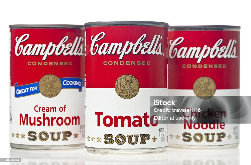 Cambell's Soup "Richmond, Virginia, USA - February 4th, 2013: Three Cans Of Campbell's Condensed Soup On A White Background.  There Is Cream Of Mushroom, Tomato, And Chicken Noodle Soup." Soup Stock Photo