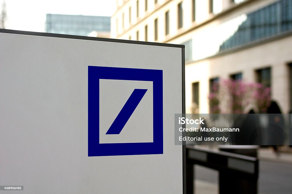 Deutsche Bank Logo Frankfurt, Germany - April 3, 2012: The Deutsche Bank logo in front of the Deutsche Bank Tower in Frankfurt. Deutsche Bank Stock Photo