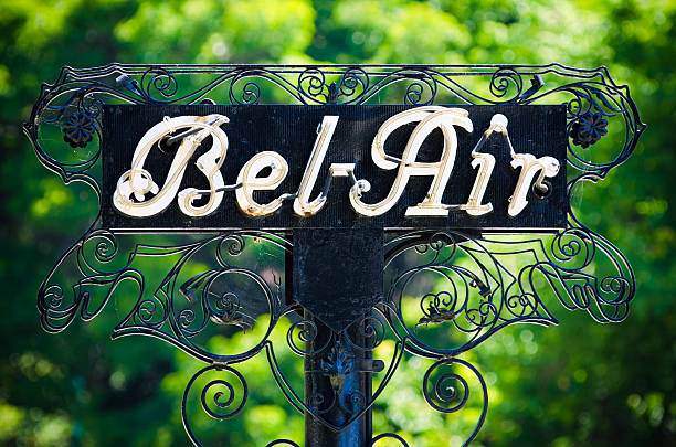 Bel-Air sign in Los Angeles, CA "Los Angeles, United States - May 29, 2012: Sign located at the entrance to the affluent residential community of Bel-Air along Sunset Boulevard, just north of the UCLA campus." bel air photos stock pictures, royalty-free photos & images