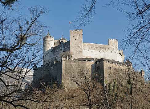 Salzburg, Austria - January 12, 2012: Hohensalzburg Castle, located on the Festungsberg mountain in Salzburg. The origins of the fortress date back to the 11th Century.