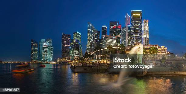 Singapore Merlion Fountain Marina Bay Skyscapers Neon Night Stock Photo - Download Image Now